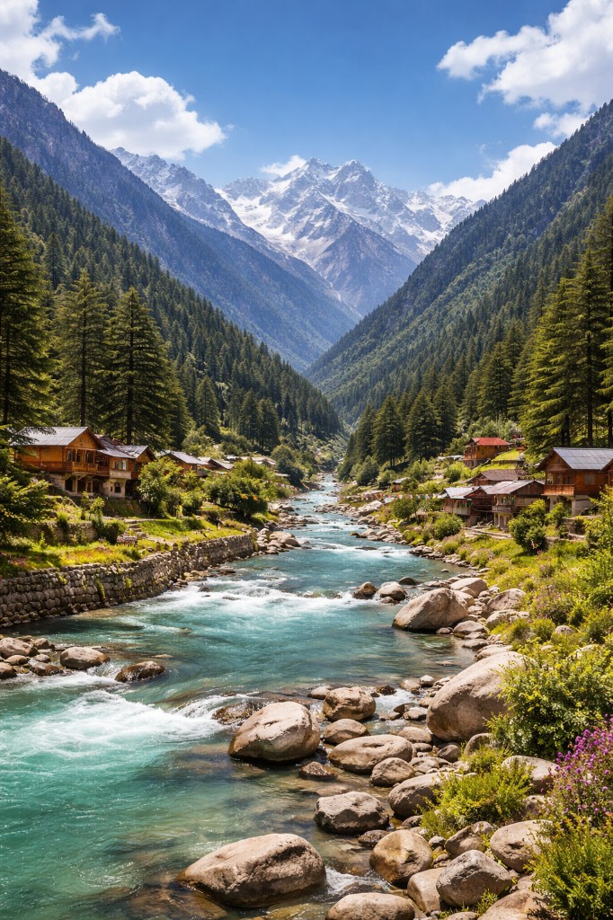 Garden walkway and mountain-facing rooms at Shiv Parivar Resorts, Uttarkashi